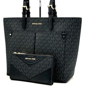 Michael Kors Jet Set Medium Pocket Tote Bag & Double Zip Wallet Black Multi